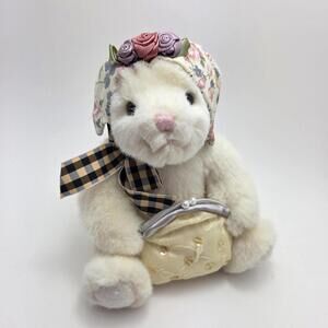 Russ “Lil Creampuffs” the Cream Teddy Bear with Plaid Bow and Floral Hat(6 inch)
